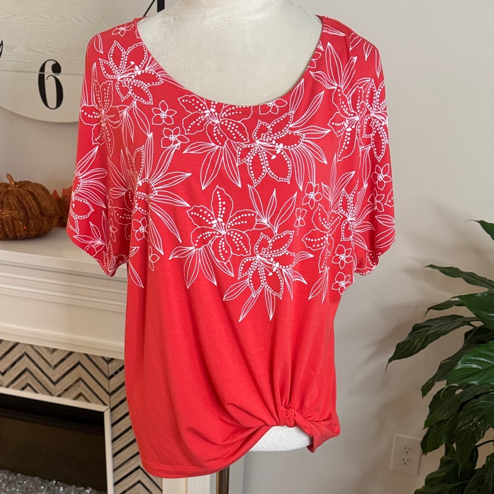 Ruby Rd. Vibrant Red Blouse with White Floral Pattern